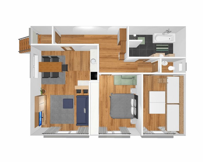 3D-Grundriss-Visualisierung des Apartments im Hotel zum Mohren mit kompletter Möblierung, Holzböden und Wohnbereich.