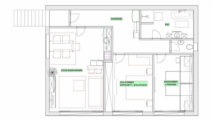 Detaillierter 2D-Grundriss des 85 qm Apartments im Hotel zum Mohren mit Raumaufteilung für große Familien.